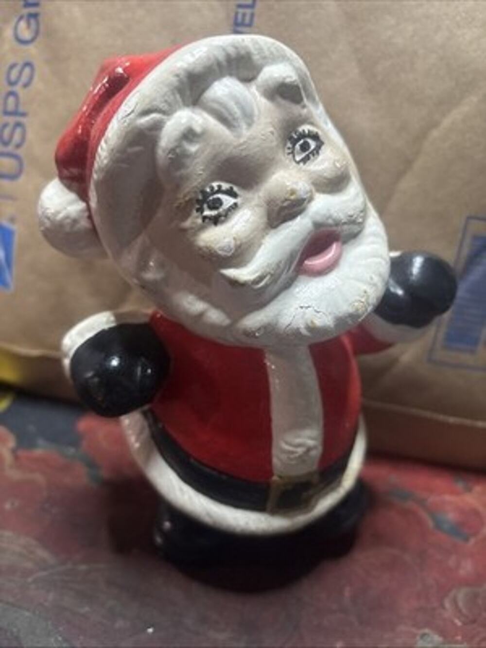 Hand Painted Santa Claus Christmas Figurine Ceramic Porcelain Red White Black